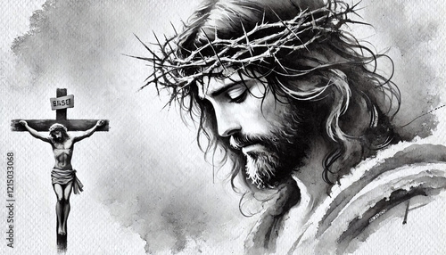 Monochrome watercolor painting of Jesus wearing a crown of thorns with empty space for text. Generative AI.