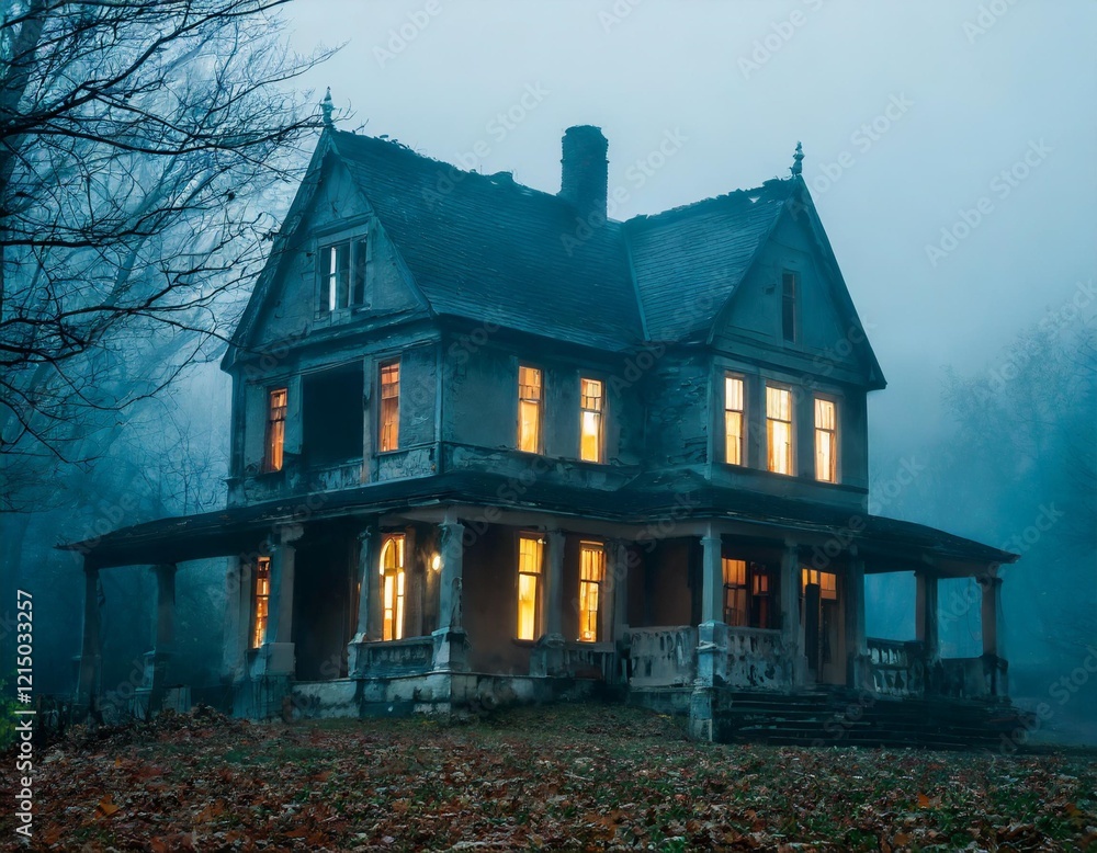 Terrifying Haunted House on a Foggy Night: A Dark and Scary Building with Mysterious Shadows and Paranormal Energy Terrifying Haunted House on a Foggy Night: A Dark and Scary Building with Mysterious Shadows and Paranormal Energy