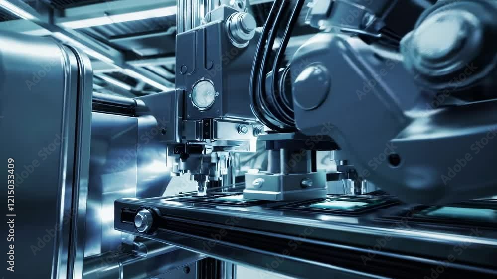 futuristic high-tech electronics manufacturing plant, featuring automated machines producing microchips under bright, sterile lighting futuristic high-tech electronics manufacturing plant, featuring automated machines producing microchips under bright, sterile lighting