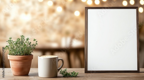 Wallpaper Mural Cozy Cafe Corner with Latte, Blank Frame, and Greenery Torontodigital.ca