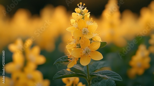 Golden yellow St. John's wort flowers blooming in a soft and blurred background photo