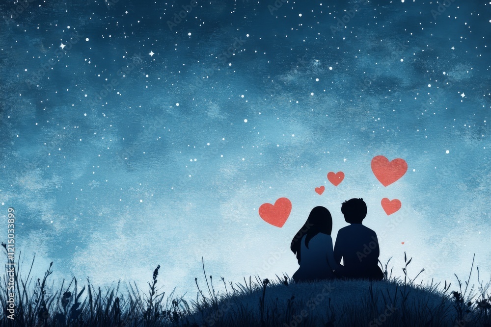 A pixel art animation of a couple sitting together on a hill under a starry sky, with tiny pixelated hearts floating between them A pixel art animation of a couple sitting together on a hill under a starry sky, with tiny pixelated hearts floating between them