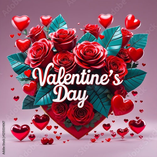 A vibrant Valentine's Day card concept featuring red hearts and roses. Valentine's Day 3D Text image.Happy valentines day greeting card banner lettering romantic red pink love heart theme.