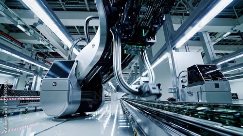 Wallpaper Mural futuristic high-tech electronics manufacturing plant, featuring automated machines producing microchips under bright, sterile lighting Torontodigital.ca