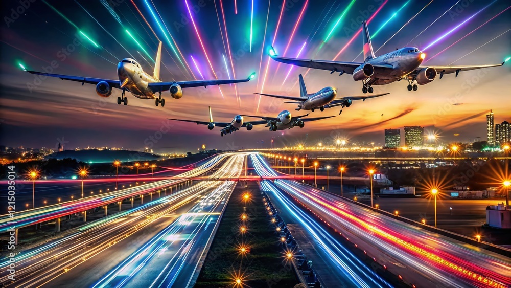 Fototapeta premium Long Exposure Airplane Takeoff: Dynamic Flight Speed Variations
