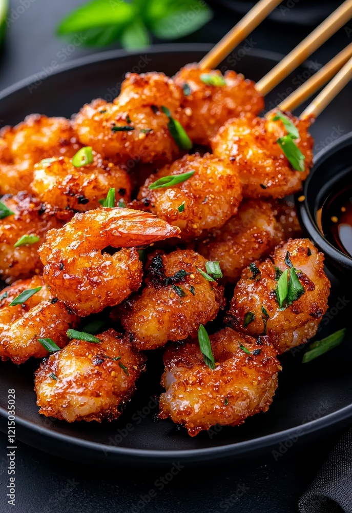 Fototapeta premium Crispy Shrimp Tempura with Dipping Sauce on Black Plate Garnished with Herbs