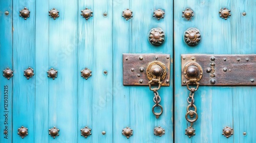 Ornate Blue Wooden Door With Metal Hardware
