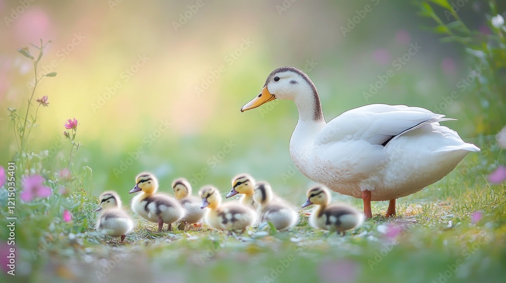Ducklings Following Their Mother in a Sunlit Meadow Ducklings Following Their Mother in a Sunlit Meadow