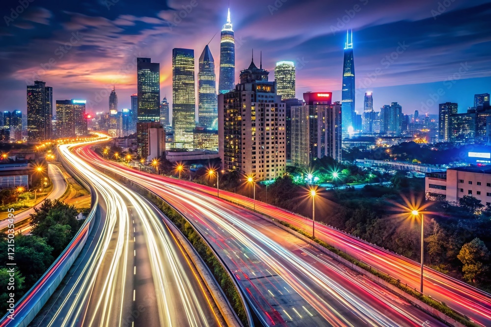 Fototapeta premium Long Exposure City Lights at Night, Urban Skyline, Blurred Traffic, Glowing Metropolis, Night Photography