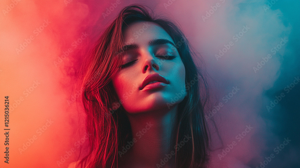Woman with closed eyes surrounded by colorful smoke at a vibrant indoor setting Woman with closed eyes surrounded by colorful smoke at a vibrant indoor setting