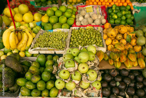 Fruits and vegetables at a local market in Sri lanka. Tropical or exotic fruits on the street in Asia. photo