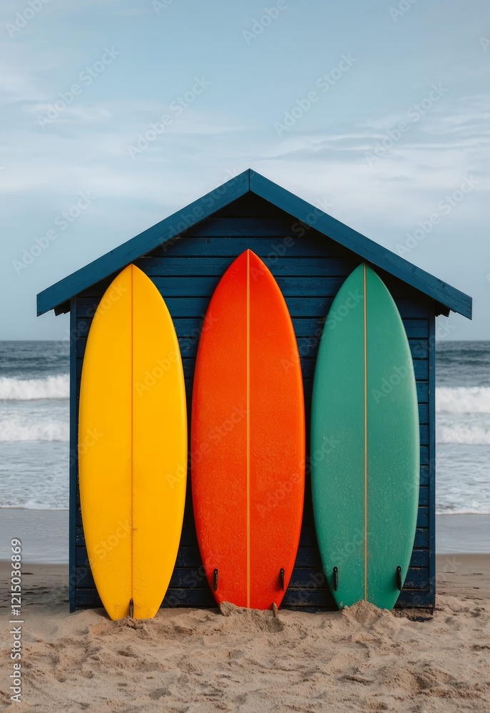 Colorful Surfboards Leaning Against a Blue Beach Hut with Golden Sand Background Colorful Surfboards Leaning Against a Blue Beach Hut with Golden Sand Background