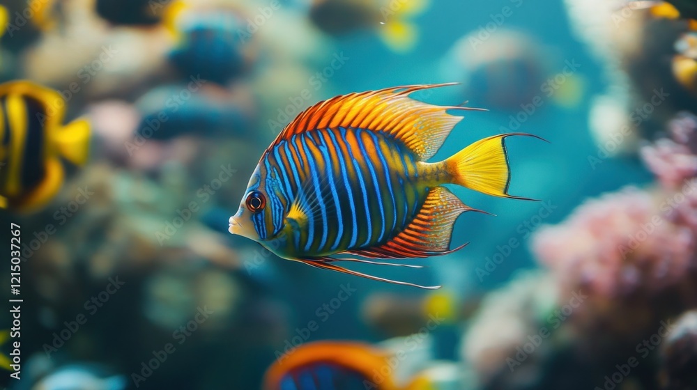Striped Angelfish Swimming in a Coral Reef Striped Angelfish Swimming in a Coral Reef