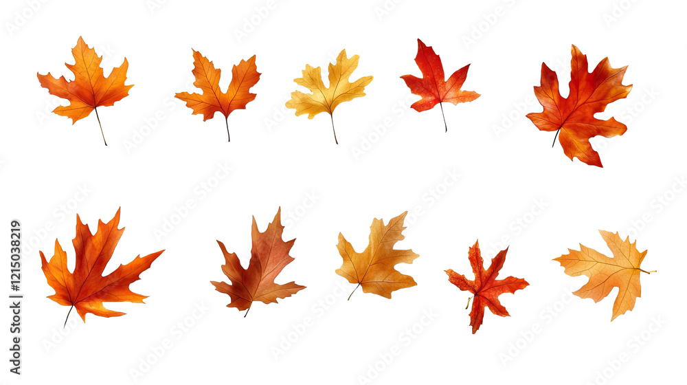Autumn Leaf Collection: A vibrant collection of ten autumn leaves in various shades of orange, red, and yellow, showcasing the beauty of the changing seasons. Autumn Leaf Collection: A vibrant collection of ten autumn leaves in various shades of orange, red, and yellow, showcasing the beauty of the changing seasons.
