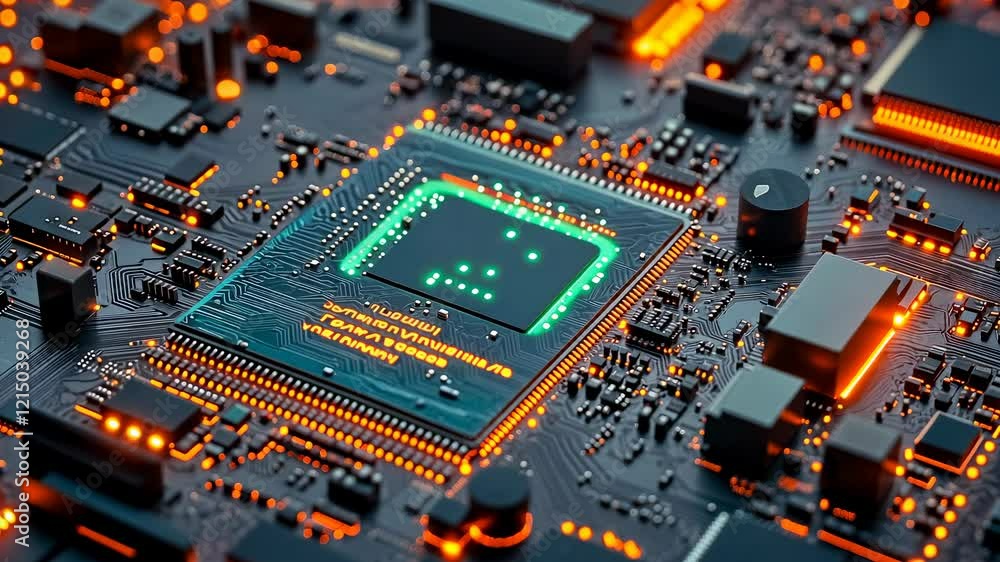Microchip embedded circuit board,lights glowing.Precision technology driving modern electronics.Components and detailed textures visible.Advanced tech compact form.Close-showcases engineering Microchip embedded circuit board,lights glowing.Precision technology driving modern electronics.Components and detailed textures visible.Advanced tech compact form.Close-showcases engineering