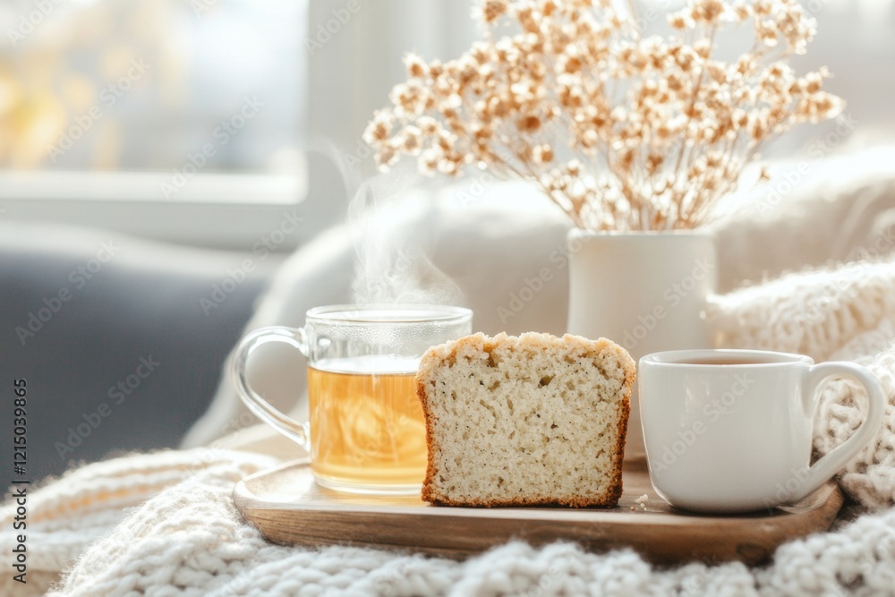 A slice of zucchini bread on a wooden plate, served with a steaming cup of tea on a cozy couch A slice of zucchini bread on a wooden plate, served with a steaming cup of tea on a cozy couch