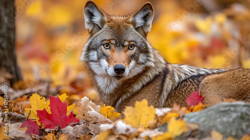 Red wolf prowling through colorful autumn forest its sleek coat blending with the vibrant orange and yellow leaves captured with a telephoto lens for sharp detail photo