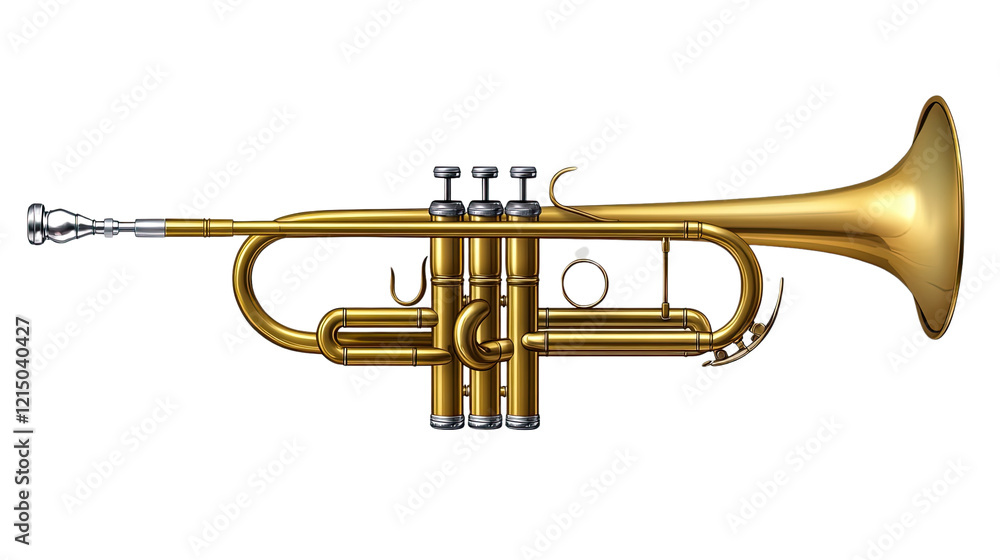 Obraz premium Golden Trumpet: A gleaming golden trumpet, meticulously detailed, sits poised and ready to play a beautiful melody. Its polished finish and intricate valves capture the essence of musical artistry.