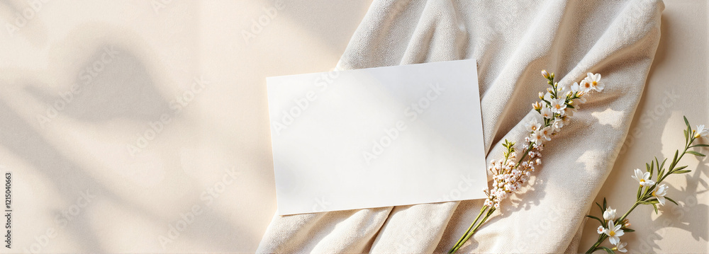Embossed business card mockup on textured fabric with flowers Embossed business card mockup on textured fabric with flowers