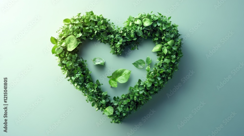 A heart shaped globe made of green leaves and plants on light green background A heart shaped globe made of green leaves and plants on light green background