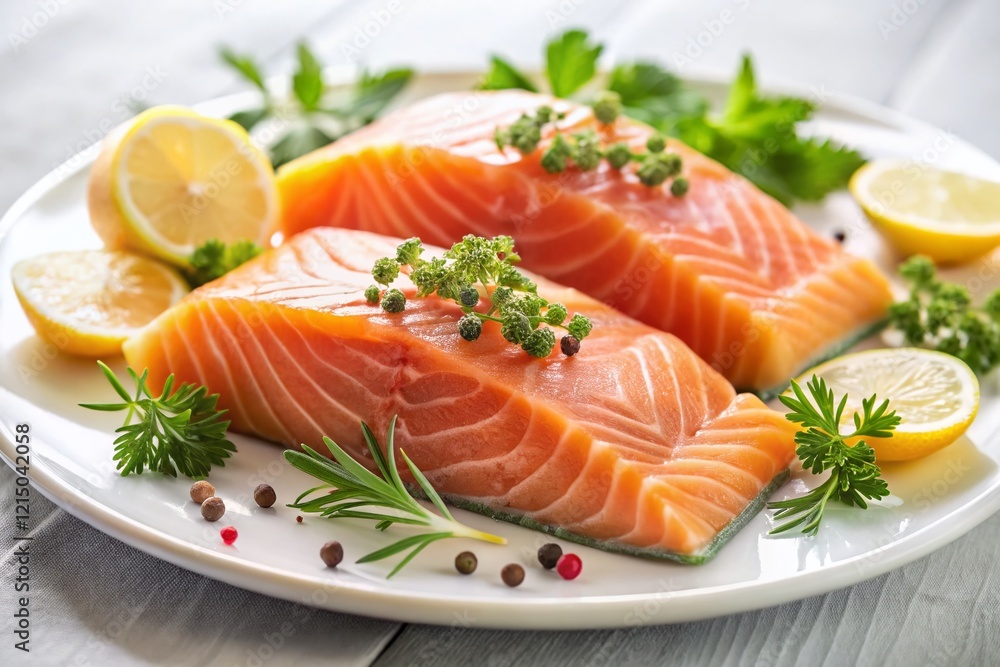 Fresh Salmon Fillets with Herbs & Lemon on White Plate - Gourmet Seafood Dish Fresh Salmon Fillets with Herbs & Lemon on White Plate - Gourmet Seafood Dish