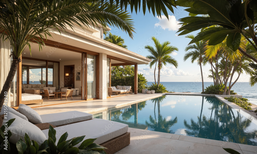 Fototapeta premium Oceanfront Luxury Villa with Private Pool A luxurious oceanfront villa with a private pool, shaded by palm trees, offering uninterrupted views of