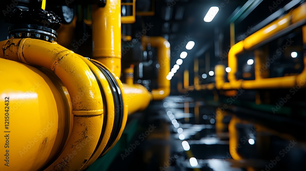 Industrial Yellow Pipeline in Dark Warehouse Environment Industrial Yellow Pipeline in Dark Warehouse Environment