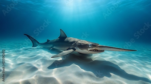 Sawfish gliding gracefully over sandy ocean floor its long toothed rostrum glowing faintly under soft ripples of sunlight captured with an underwater telephoto lens for dramatic scale photo