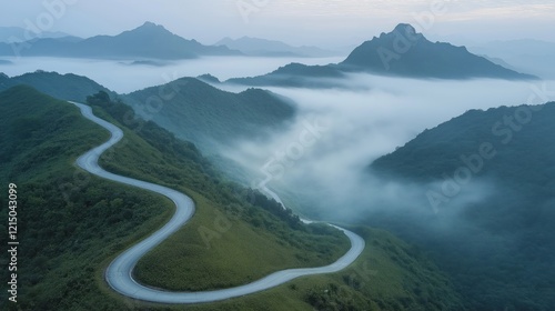 Scenic winding mountain road climbs through misty landscape. Fog blankets valleys between distant peaks. Green hillsides surround twisting route. Breathtaking natural beauty. Ideal for adventure photo