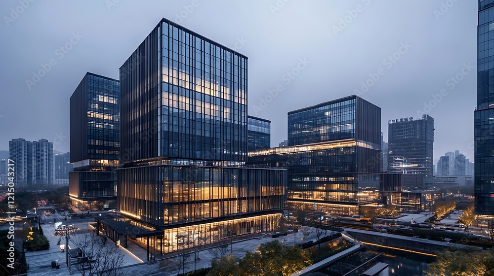 Fototapeta premium Modern Cityscape Illuminated Evening Office Buildings