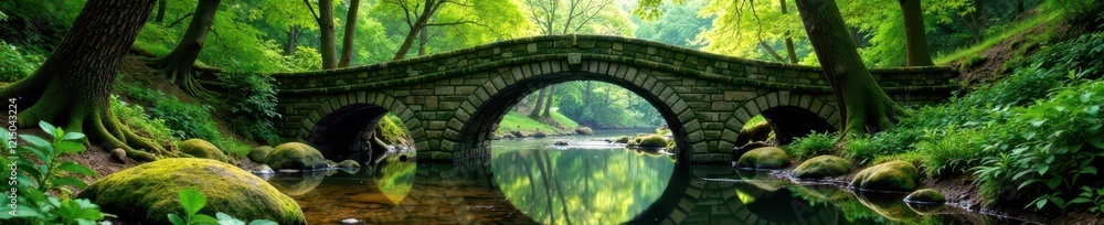 Fototapeta premium Moss covered stone bridge arching over a serene forest river, bridge, reflection