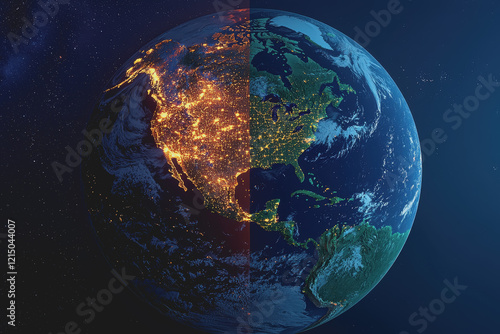 Fototapeta Naklejka Na Ścianę i Meble -  Aerial view of the earth illuminated at night showcasing city lights and landmasses against a dark background