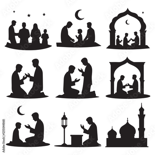 Man in different praying poses Man praying and praising God on knees silhouette set vector illustration Silhouette of people praying