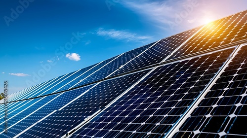 Solar Panels on Bright Sunny Day with Blue Sky and Clouds