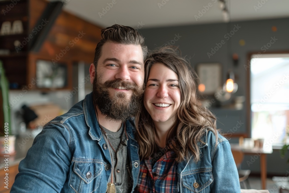 Portrait of a smiling caucasian couple in their 30s sporting a rugged denim jacket in front of modern minimalist interior Portrait of a smiling caucasian couple in their 30s sporting a rugged denim jacket in front of modern minimalist interior