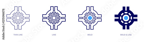 Roundabout navigation icon in 4 different styles. Thin Line, Line, Bold, and Bold Line. Duotone style. Editable stroke