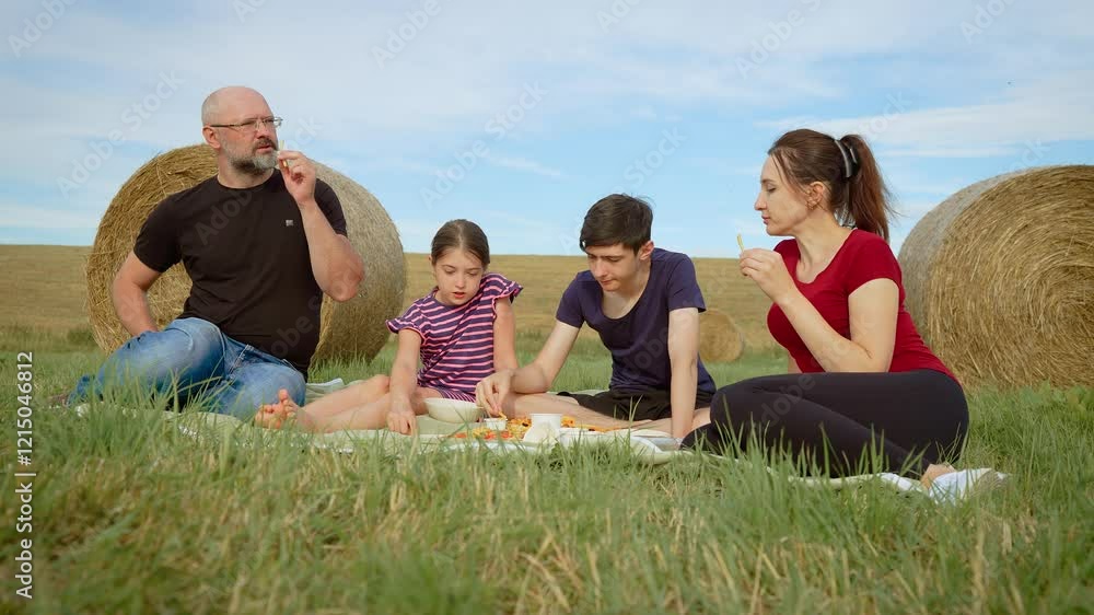 Happy family having picnic near hay bales outdoors. Father mother son and daughter enjoying fries and sandwiches together in nature. Male female boy and girl relaxing in green field sharing lunch Happy family having picnic near hay bales outdoors. Father mother son and daughter enjoying fries and sandwiches together in nature. Male female boy and girl relaxing in green field sharing lunch