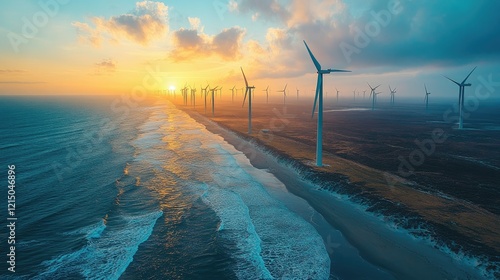 Aerial view of wind farms near an American coastal town