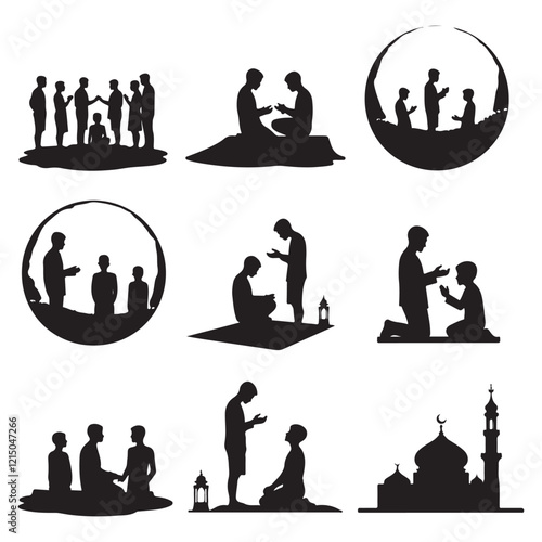 Man in different praying poses Man praying and praising God on knees silhouette set vector illustration Silhouette of people praying