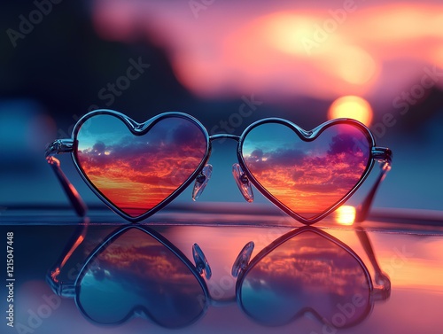 Pink heart-shaped glasses on a dark sky background 