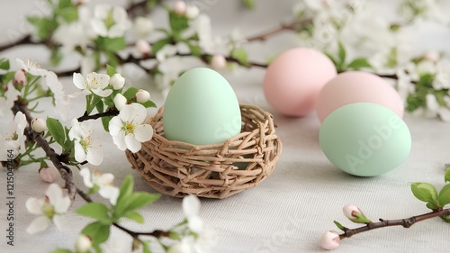 Happy Easter day,  colored Easter eggs in a nest, Easter eggs and flowers background with copy space