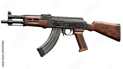 AK-47 Assault Rifle: A detailed close-up view of an AK-47 assault rifle, showcasing its distinctive features and design.  The weapon is presented against a clean background.