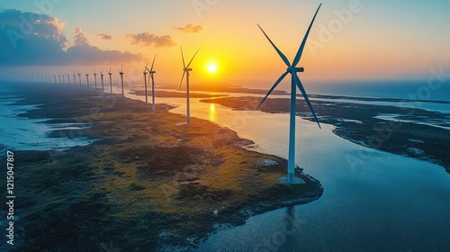 Aerial view of wind farms near an American coastal town