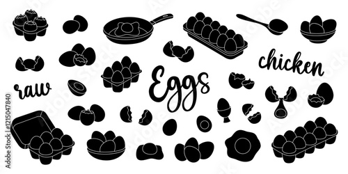 Black chicken eggs set. Raw and boiled eggs, broken and whole eggshells, protein and yolk, omelette. Organic farm product. Vector illustration.