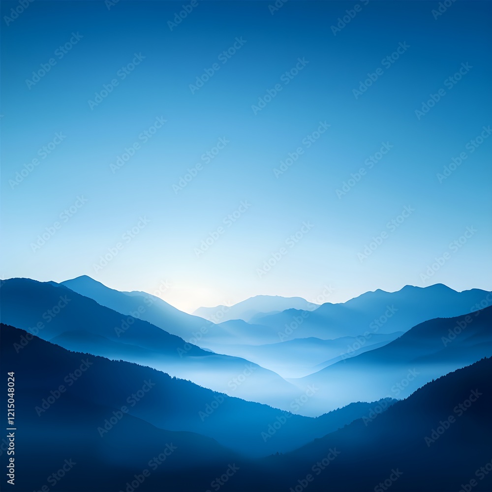 Serene Blue Landscape with Faded Mountains at Dawn Light Serene Blue Landscape with Faded Mountains at Dawn Light