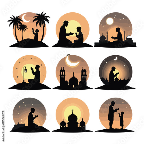 Man in different praying poses Man praying and praising God on knees silhouette set vector illustration Silhouette of people praying