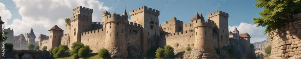 Ancient fortified town with stone walls and towers, medieval, Germany Ancient fortified town with stone walls and towers, medieval, Germany