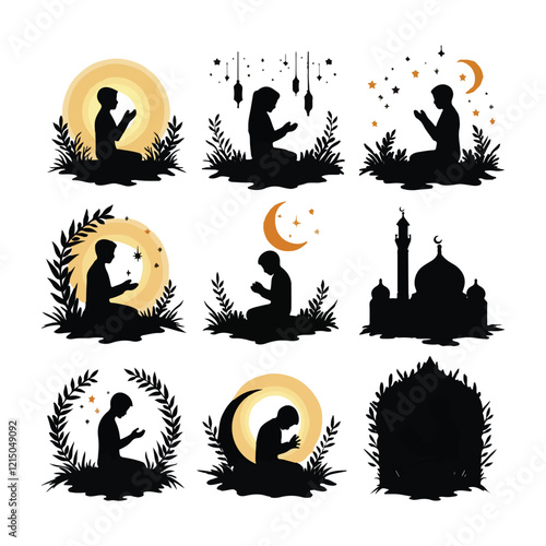 Man in different praying poses Man praying and praising God on knees silhouette set vector illustration Silhouette of people praying