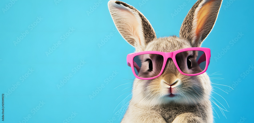 Cute, happy, smiling rabbit wearing pink sunglasses against a blue background Cute, happy, smiling rabbit wearing pink sunglasses against a blue background