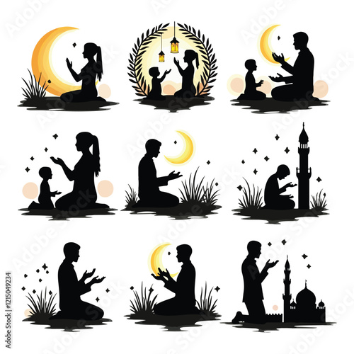 Man in different praying poses Man praying and praising God on knees silhouette set vector illustration Silhouette of people praying